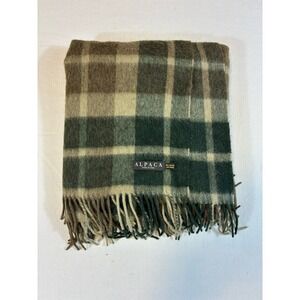 Alpaca Wool Blend Throw Blanket Plaid Green Brown Cream Fringed 62 in / 53 in